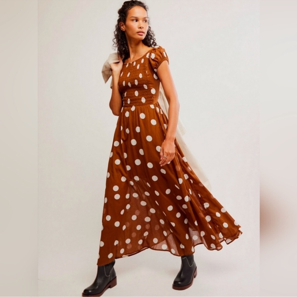 Free People Polka Dot Maxi Dress Open Back Cottagecore Boho | M NWOT